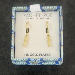 Rachel Zoe 14K Gold Plated Fish Dangle Huggie Hoop Earrings Sardine New Gift Box